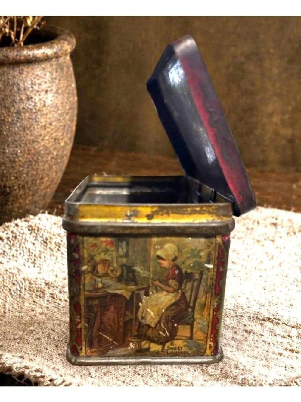 Antique English Cottage Tea Tin | Pride of Odessa Brand | Storybook Tea Scene |